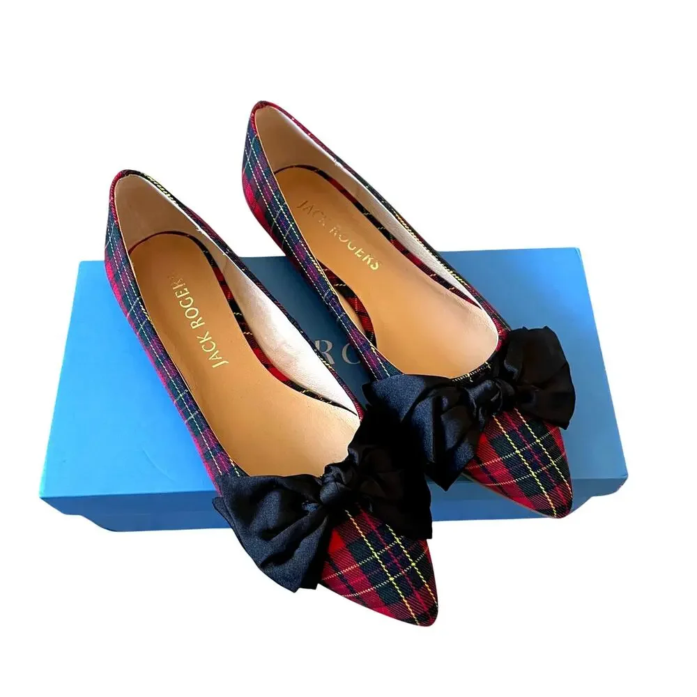 Jack Rogers Debra Bow Ballet Flats Red Plaid Pointed Toe Women's US 8 NEW